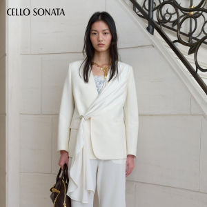 Cello Sonata | Design White Collarless Metallic Iron Ring Decoration Loose Blazer