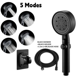 3Pcs/Set Adjustable Silver/Black Shower Head High Pressure Water Saving Shower Head With 5 Modes+Wall Mounted Bracket+1.5M Hose