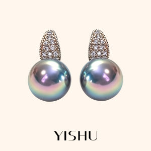 YISHU | Bông Tai Đính Hột Ngọc Trai Màu Xanh Công