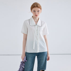 เสื้อเชิ้ตแขนสั้นคอปกเด็ก La Chapelle สำหรับผู้หญิง สีขาว ทรงเข้ารูป ทรงตรง ทรงเข้ารูป คอปกเด็ก ทรงเข้ารูป เสื้อเชิ้ตผู้หญิง