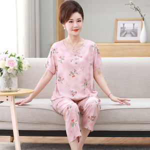 ชุดนอนผู้หญิงผ้าฝ้ายไหม ชุดนอนฤดูร้อน แขนสั้น กางเกงขายาว ผ้าฝ้ายผสม ขนาดใหญ่ ชุดอยู่บ้าน ชุดนอนผู้หญิง