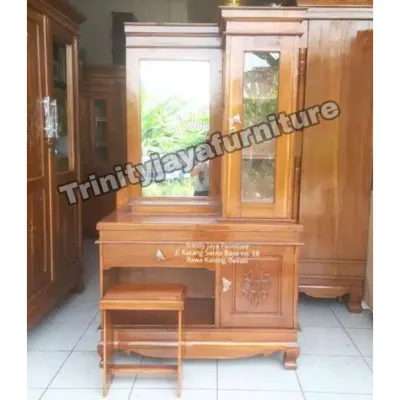 Meja Rias Kayu Jati Full Minimalis Model Classic Retro Termasuk Cermin & Bangku Meja Dandan / Meja Make Up / Meja Kamar Tidur