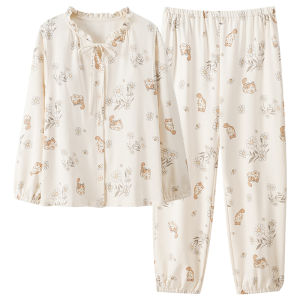 Bộ đồ ngủ bầu MiiOW Cat Lady bằng cotton vải mỏng dài tay thoải mái - mùa xuân thu