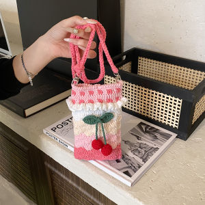 กระเป๋าสะพายไหล่ทรงกลมลายส้มถักสไตล์หวานๆ สำหรับเด็กผู้หญิง กระเป๋าใส่โทรศัพท์มือถือแบบสะพายไหล่ข้างเดียว กระเป๋าสตางค์ผ้าลายดอกไม้