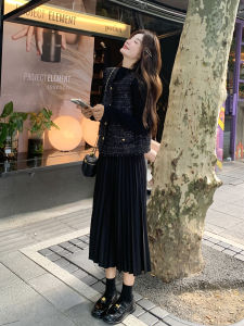 Black French Style Vest Dress Set Women Early Autumn Fashion High Waist A-Line Skirt Long Sleeve round Neck Two-Piece Suit