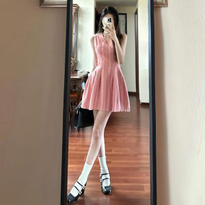 CHANGTONG | Pink Sleeveless Vest Dress Womens Summer Slimming A-Line Short Skirt Waist-Cinching French Style Bridesmaid Dress