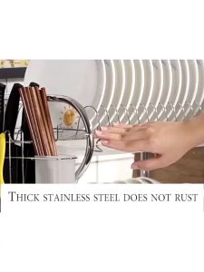 2-Tier Stainless Steel Dish Drying Rack Rustproof Kitchen Organizer Space Saver Dish Rack with Drain Tray for Plates Cups Knives Utensils