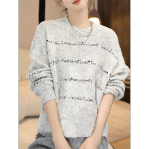 QINGNAER | Shallow Gray Stylish Glitter Stripe Loose Lazy Knitwear