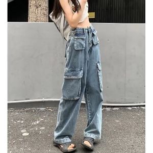Pengiriman Cepat - Celana Kargo 4 Saku Wanita Jeans Longgar Pinggang Tinggi Biru Tua Gaya Korea 8640