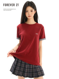 Forever21 Retro Wine Red Plaid Splicing Shoulder T-Shirt Womens Casual Loose round Neck Short Sleeve Top Korean Style Spring