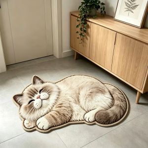 Thảm Cửa Hình Mèo Tabby Màu Nâu VIKAMA Hình Mèo Con Dễ Thương Hình Dạng Co Giãn Thảm Chào Mừng Chống Trượt Cho Phòng Tắm Nhà Bếp Trang Trí Sàn Nhà Phong Cách Hiện Đại