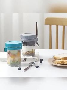 2pc Overnight Oatmeal Cup with Lid and Spoon Portable Breakfast Oatmeal Cereal Nut Yogurt Cup 300ML Fruit Salad Food Storage Box