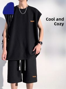 ROMON | Lormen Mens Ice Silk Vest Set Thin Summer Sporty Sleeveless Tank Top Shorts Two-Piece Suit Polyester Fiber Youth Fashion
