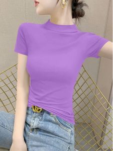Womens Slim Fit Cotton T-Shirt Half High Collar Short Sleeve Base Shirt Tight Top Sun Protection Neck Cover Korean Style Summer