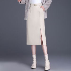 กระโปรงหนังแกะยาวคลุมเข่าเอวสูง ทรงเข้ารูป สำหรับผู้หญิง ฤดูใบไม้ร่วง/ฤดูหนาว 2025 กระโปรงทรงเอ ทรงเข้ารูป กระโปรงทรงเอ กระโปรงทรงเอ