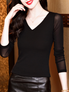 Elegant V-neck Lace Base Shirt Womens Thin Long Sleeve T-shirt Korean Style Commute Fashion Classic Polyester Fiber