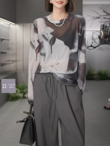 Loose Korean Style Womens T-shirt Long Sleeve Mesh Dyed Printed Breathable Sun Protection round Neck Thin Summer Top