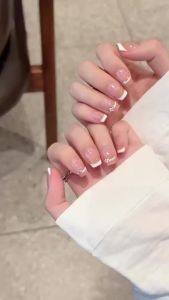 【5in1 Toolkit+HANDMADE】Cold Extract Gem French Nude Gentle Ultrashort Trapezoid Fake Nails With Glue Phototpy Nails Press On Nails Reusable Waterproof