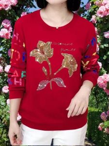 ฤดูใบไม้ผลิ 2024 เสื้อสเวตเตอร์ผู้หญิงใหม่พร้อมคอกลมและแขนยาวหลวมพอดีตัวอักษรพิมพ์เพชรขนาดใหญ่