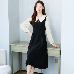 Slimming A-Line Long Sleeve Midi Dress Womens Fashion Spring Autumn New Style High Waist Design Korean Style Commute Dress