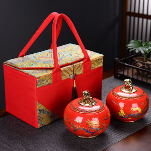 Chinese Style Dragon Phoenix Ceramic Tea Caddy Gift Box Large