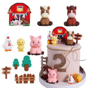 Farm Animal Cake Topper Cow Pig Mountain Cattle Chick Cake Decorations for Baby Shower Kids Happy 1st Birthday Party Supplies