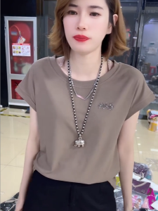 Fashionable Letter Rhinestone Short Sleeve T-Shirt Womens Loose Slimming Solid Color Versatile Youthful Summer Top Trendy