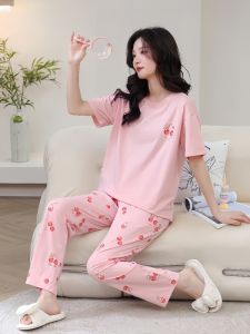 2025 Summer New Womens Sleepwear Pure Cotton Thin Loose Short Sleeve Long Pants Home Comfortable Clothing Set Casual Print Design
