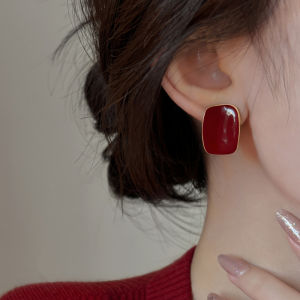 Luxurious Square Red Drip Glaze Earrings Womens Pure Silver High-End Feel No Piercing Clip-On 2025 Trendy Earring Jewelry