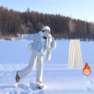 กางเกงขายาวทรงตรงหนาขนแกะสำหรับผู้หญิง กางเกงขายาวทรงยาวป้องกันความหนาวในฤดูหนาว กางเกงขายาวผ้าฝ้ายบุขนแกะ