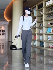 กางเกงวอร์ม ผ้าฝ้ายางเกงลำลอ เอวสูงก หลวมๆ มีกระเป็า เอวสูงเพื่อแสดงความผอม 3 สี