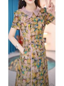Elegant Short Sleeve Silk Print Dress Womens Summer 2024 New Style Ageless Belly Covering Midi Length Improved Cheongsam