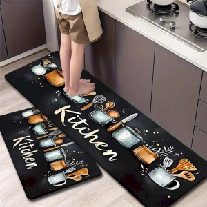 VIKAMA Kitchen Utensil Rug SetNon Slip Oil Absorb Washable Anti Fatigue MatBlack Letter Kitchen Entry Decor Floor Rug