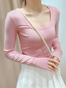 Pink U-Neck Bottoming Shirt Womens Thin Shoulder Slim Looking Long Sleeves Slim Fit Inner Wear Pure Desire Short Low-Cut Tops Spring & Fall