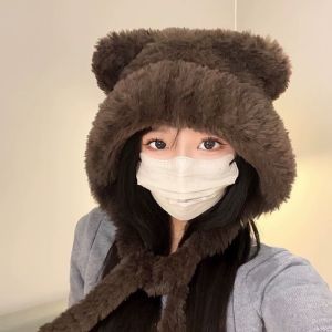 Hearing Protection Women Knitted Plush Hat Cute Bear Design Warm Autumn Winter Ear Protective for Large Head Circumference