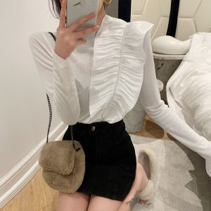 GUZILIAN | Fashionable Pleated Slim Fit Womens Base Shirt Spring Autumn New Style Elegant Versatile T-Shirt Korean Version Round Neck Long Sleeve