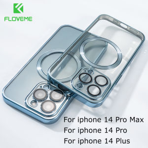 FLOVEME Luxury Magsafe Wireless Charging Phone Case For iPhone 15 14 13 12 11 Pro Max 15 14 Plus Plating Transparent Silicone With Lens Protector Back Cover For iPhone 15 14 13 12 11