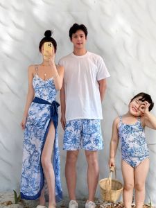 Family Matching Swimwear Set Beach Vacation Childrens Clothing Polyester Fabric Casual Style Mother Daughter Son Swimwear
