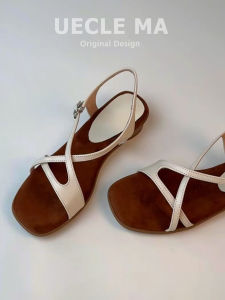 MASHUJIA | Leather French Style Flat Heel 3cm Summer Roman Sandals for Women