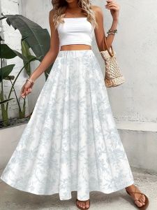 Printed Design Light Blue Sketch Floral Print All-Season Womens Maxi Skirt Casual Elastic Waist A-Line Half Skirt