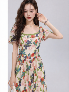 YOUXIANG | Đầm Nữ Họa Tiết Hoa Cổ Vuông Dễ Thương Tay Bồng và Định Hình Eo