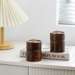 JUSTINLAU Solid Wood Toothpick Holder Walnut Dual Compartment Design Dental Floss Storage Box for Home Office Desktop Use