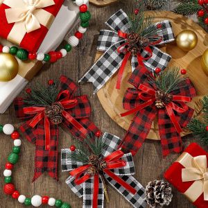 3 Pcs Christmas Bows with Pine Cones Needles Xmas Velvet Bow Red Ribbon Christmas Tree Wreath Decoration Indoor Crafts DIY Decor