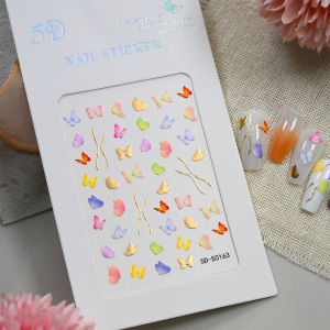 1Pcs 5D Embossed Spring Flower Nail StickersPink Yellow Blue Five-Petals Gold Branch Self-Adhesive Nails Decals for Fresh Nails