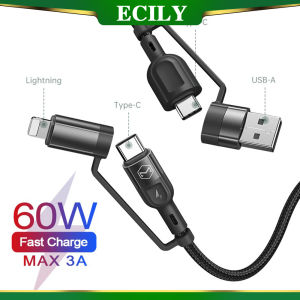 ECILY PD 60W 4 In 1 Type C ถึง USB C สายเคเบิลหลอดไฟสำหรับ I-Phone 14 13 12 Macbook Xiaomi Samsung S22 3A สายรับส่งข้อมูลชาร์จเร็ว