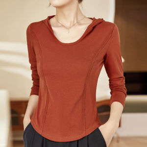 Pure Cotton Hoodie Womens Base Shirt Short Thin Fishbone Long Sleeve Cap Shirt Spring Autumn Korean Style Slim Fit Top