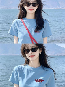 CHOEFULYN | Slimming Blue Printed Loose-fitting Short Sleeve T-Shirt for Women