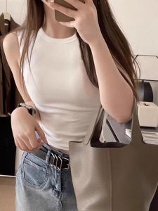 White Pure Cotton Tank Top Women Slim Fit Short Sleeve Base Shirt Summer Outdoor Sports Fashionable Trendy round Neck T-Shirt