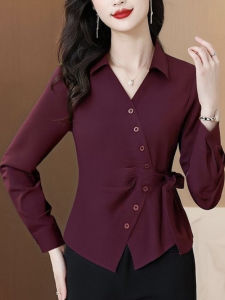 Fashionable Long Sleeve Shirt Slimming Uneven Waist Drawstring Design Spring Autumn New Style Womens Polo Collar Breathable Shirt