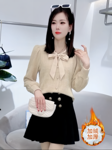 เสื้อเชิ้ตลูกไม้สไตล์ฝรั่งเศสสำหรับผู้หญิง แขนยาว ปกโปโล คอวี ทรงเข้ารูป ผ้าฝ้ายผสมโพลีเอสเตอร์ ปกติ